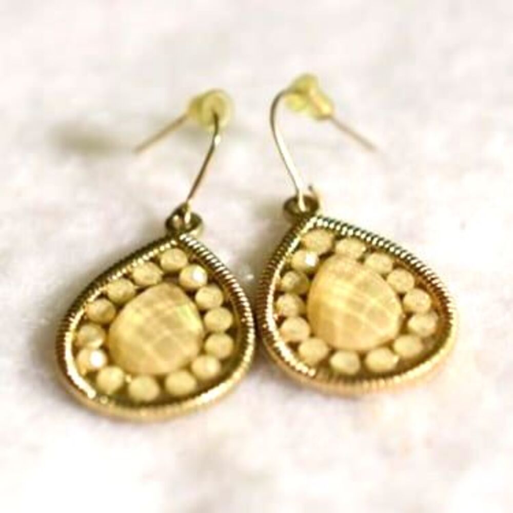 Rare Vintage Mellow Yellow Etched Stone Teardrop Dangle/Drop Hook Earrings